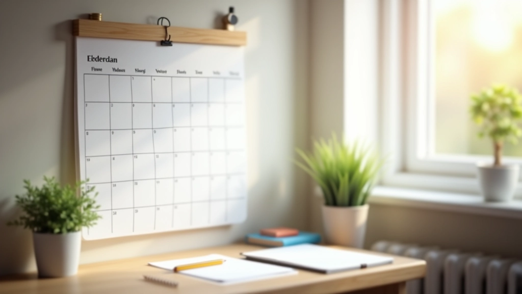 Kalendář visící na zdi s poznamenaným plánem učení, tužka a poznámky, organizované studium v domácnosti