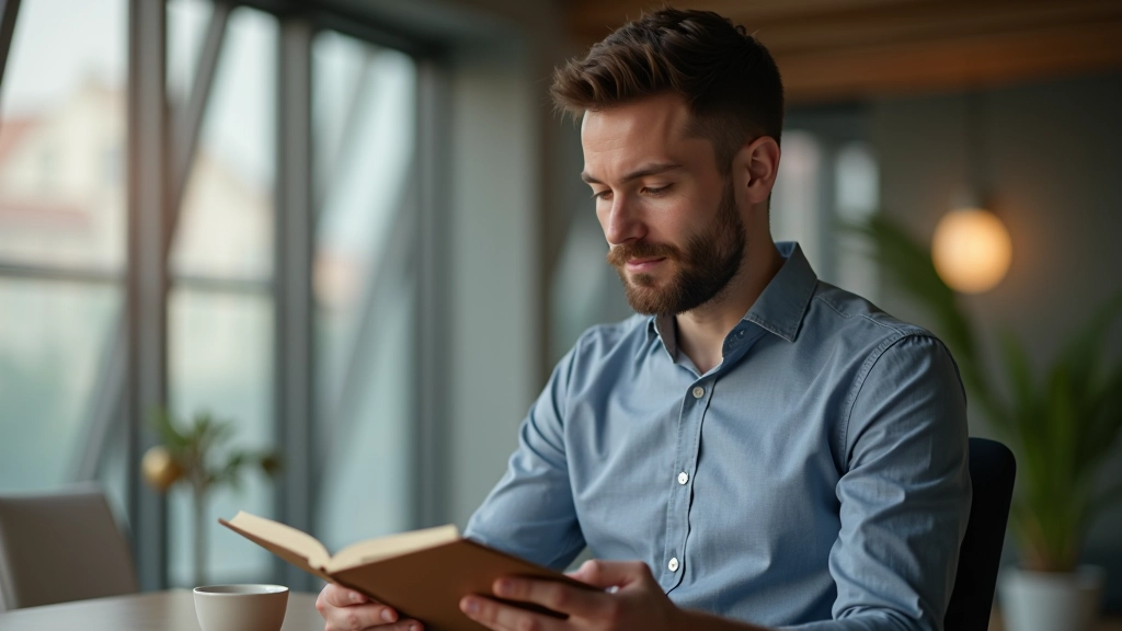 Muž si čte poznámky v kníze, věnuje se učení, moderní kancelářské prostředí, přirozené světlo