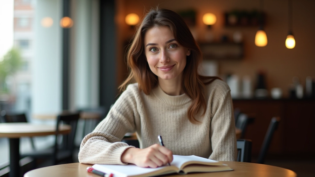 Osoba čte anglickou knihu v kavárně s poznámkami