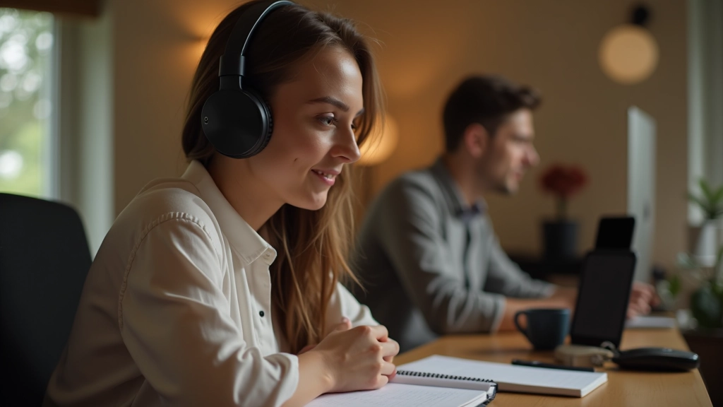 Žena s sluchátky sedí u laptopů, intenzivně se učí, domácí prostředí, teplé osvětlení