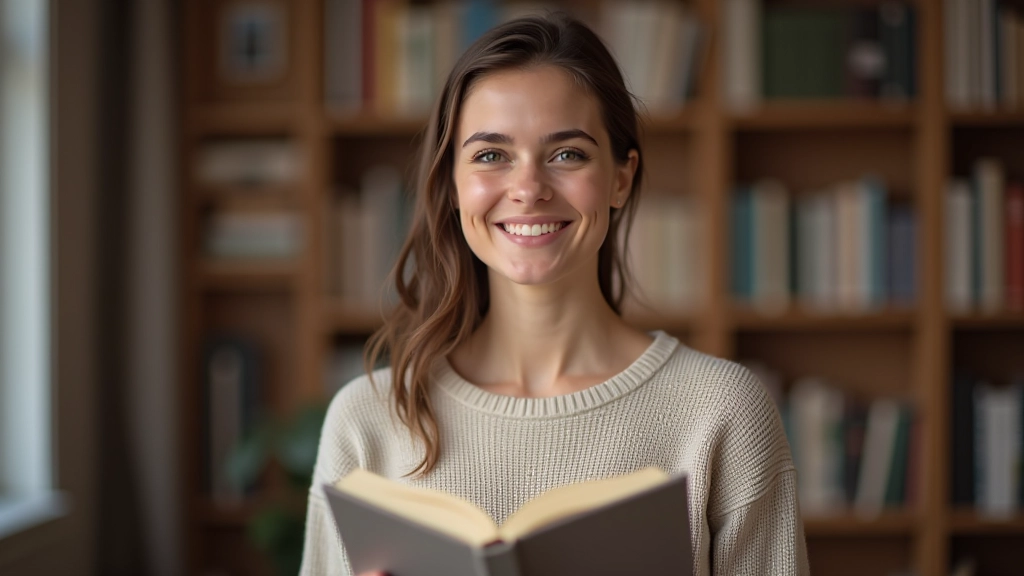 Žena s kulatými brýlemi se usmívá při čtení anglického textu