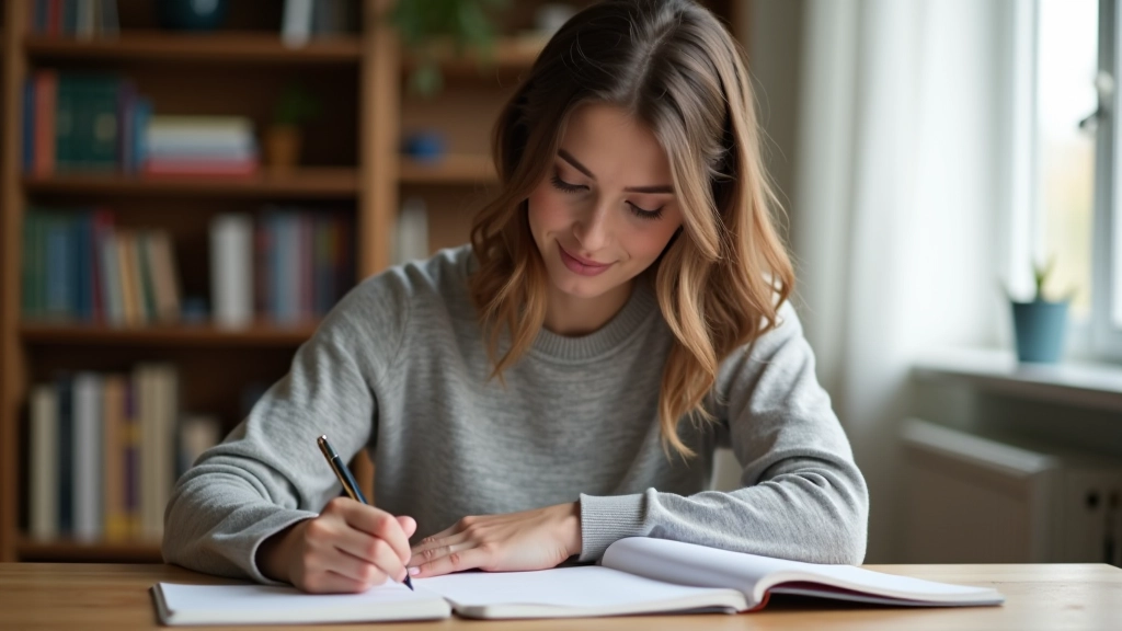 Žena při učení s notebookem a poznámkami na stole