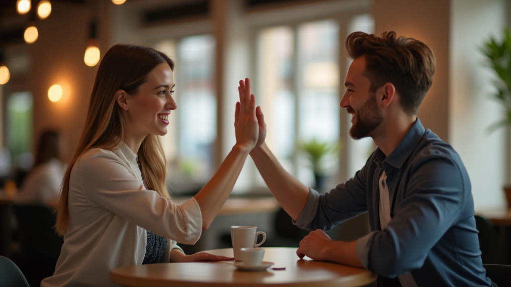 Dva kamarádi si dávají high-five v kavárně, radostní výraz, přirozené osvětlení, rozmazaný background